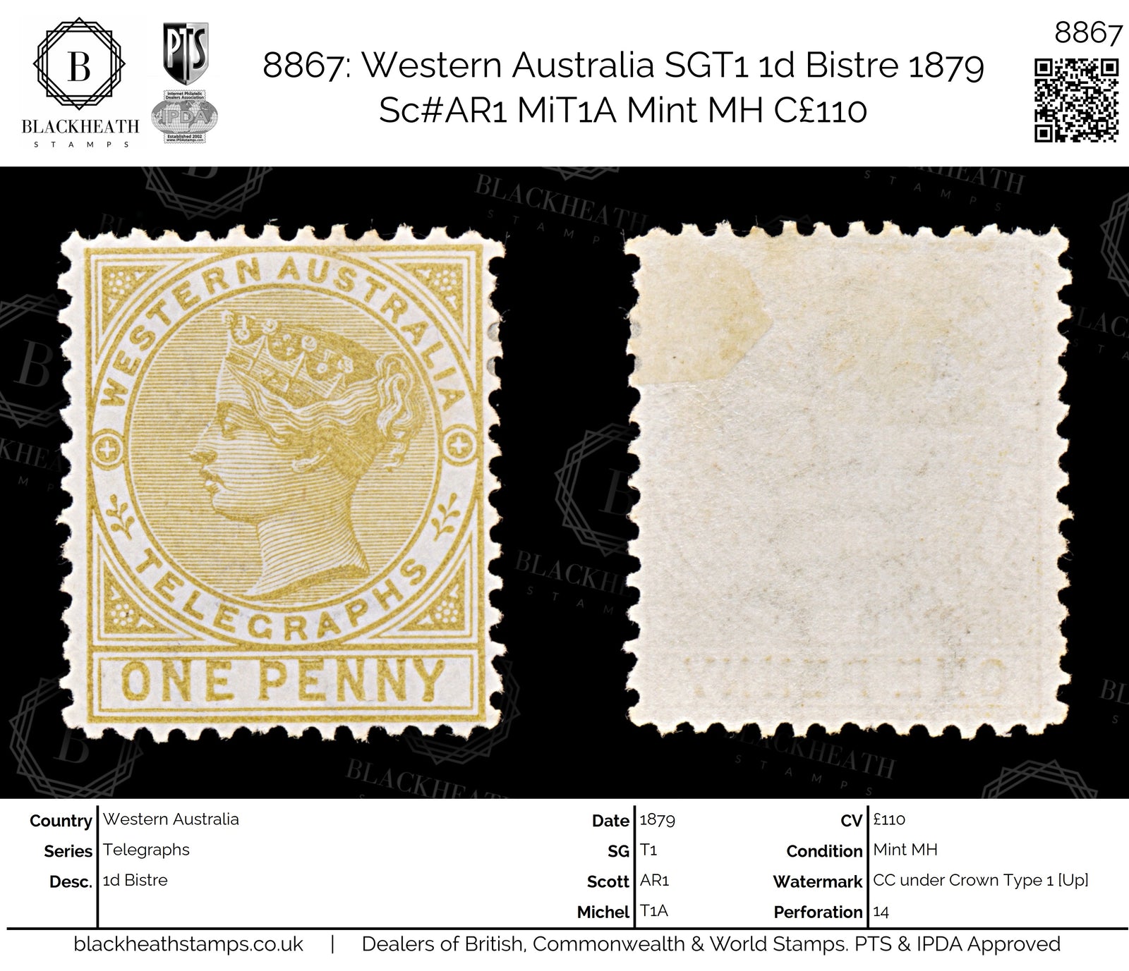 8867: Western Australia SGT1 1d Bistre 1879 Sc#AR1 MiT1A Mint MH C£110