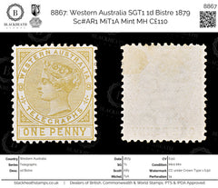 8867: Western Australia SGT1 1d Bistre 1879 Sc#AR1 MiT1A Mint MH C£110, view 1