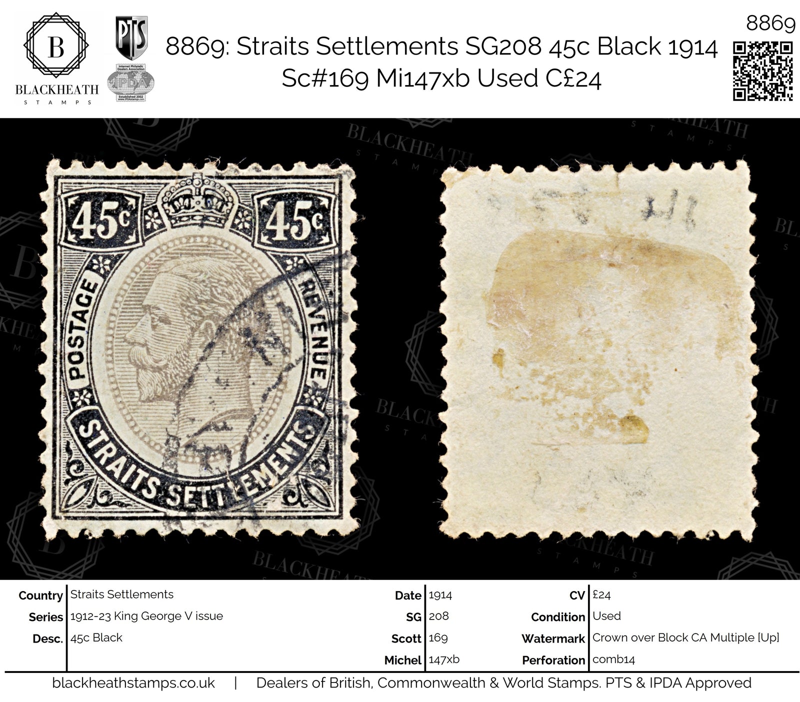 8869: Straits Settlements SG208 45c Black 1914 Sc#169 Mi147xb Used C£24