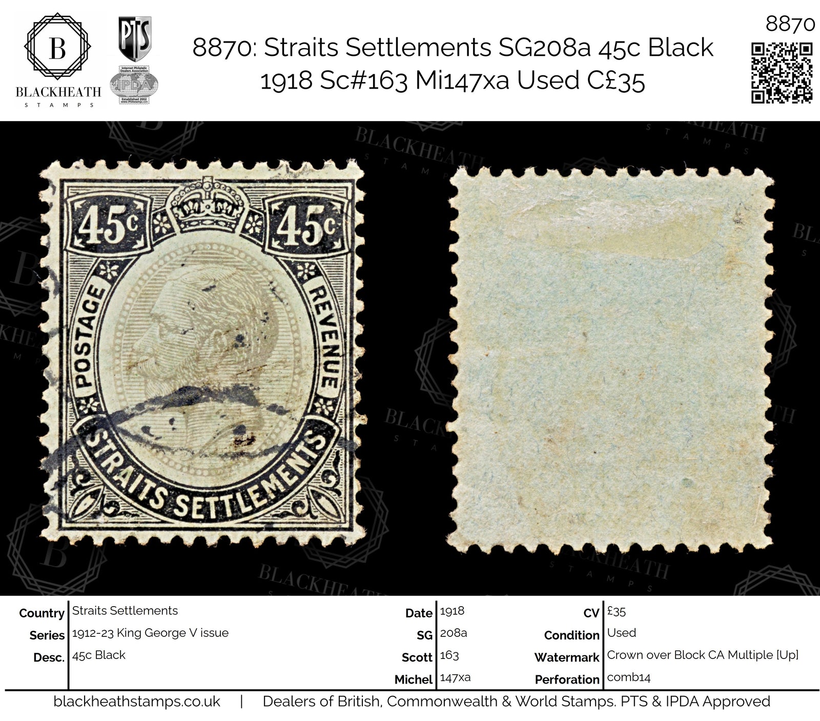 8870: Straits Settlements SG208a 45c Black 1918 Sc#163 Mi147xa Used C£35