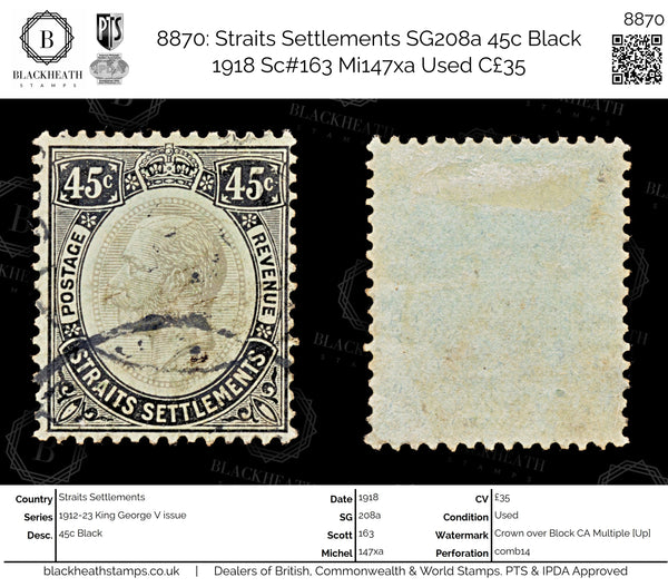 8870: Straits Settlements SG208a 45c Black 1918 Sc#163 Mi147xa Used C£35