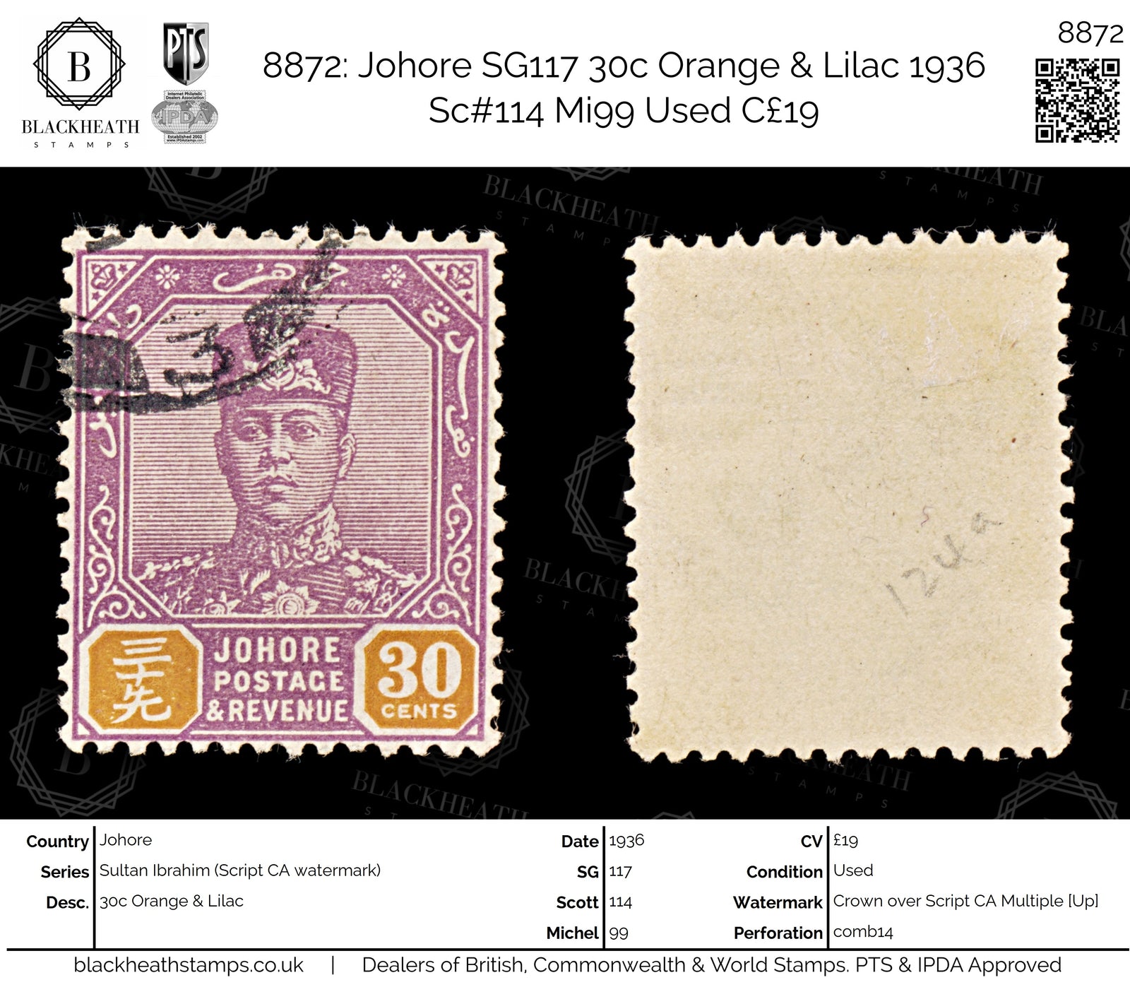 8872: Johore SG117 30c Orange & Lilac 1936 Sc#114 Mi99 Used C£19