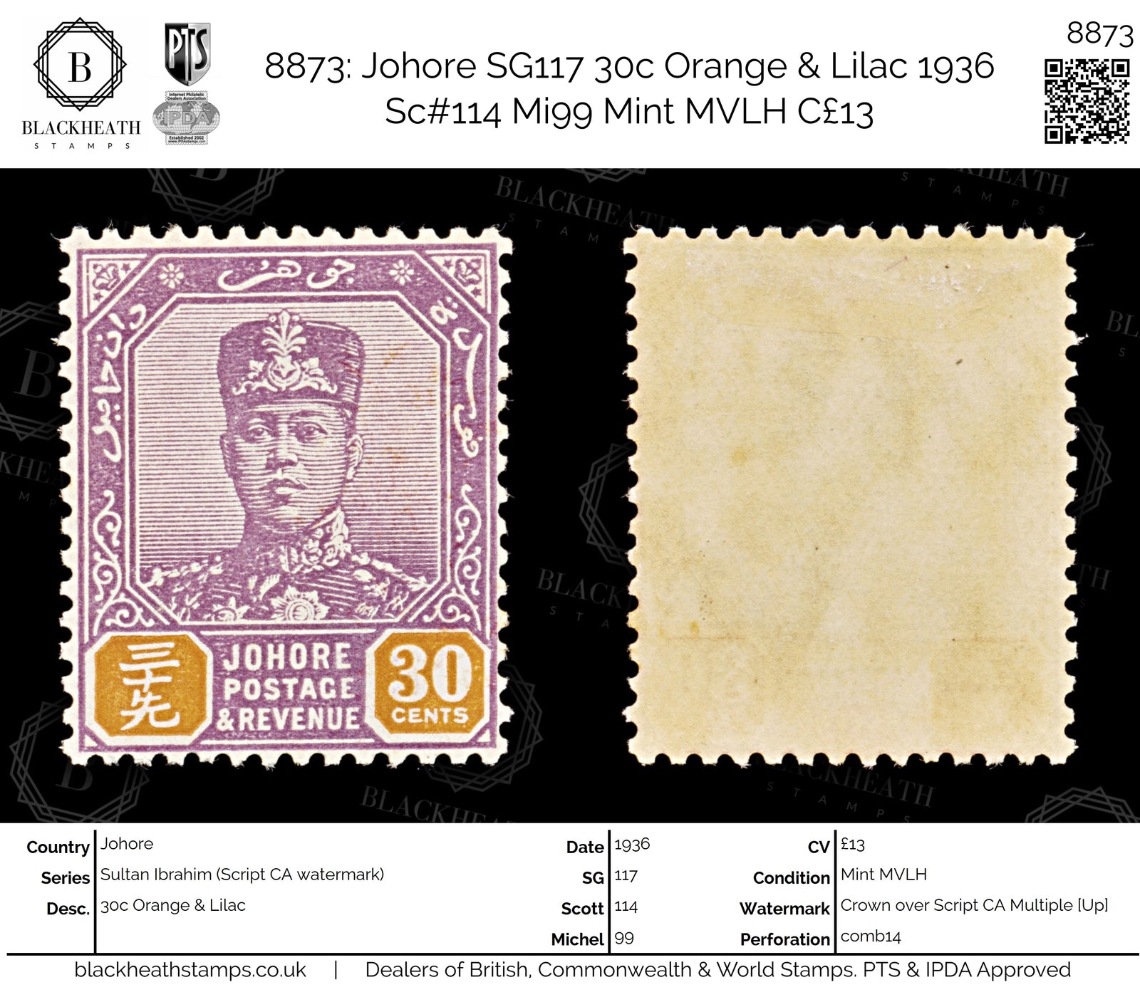 8873: Johore SG117 30c Orange & Lilac 1936 Sc#114 Mi99 Mint MVLH C£13