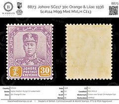 8873: Johore SG117 30c Orange & Lilac 1936 Sc#114 Mi99 Mint MVLH C£13, view 1