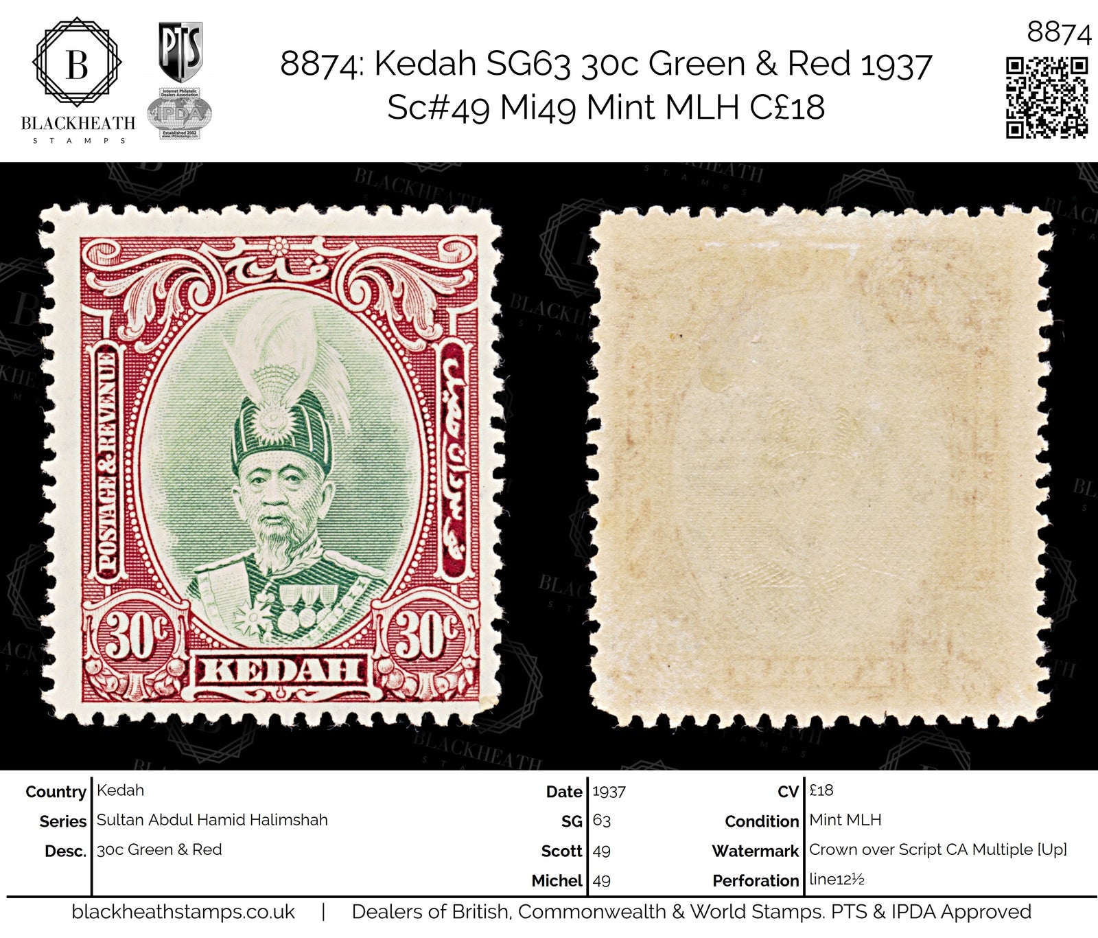 8874: Kedah SG63 30c Green & Red 1937 Sc#49 Mi49 Mint MLH C£18