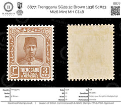 8877: Trengganu SG29 3c Brown 1938 Sc#23 Mi26 Mint MH C£48, view 1