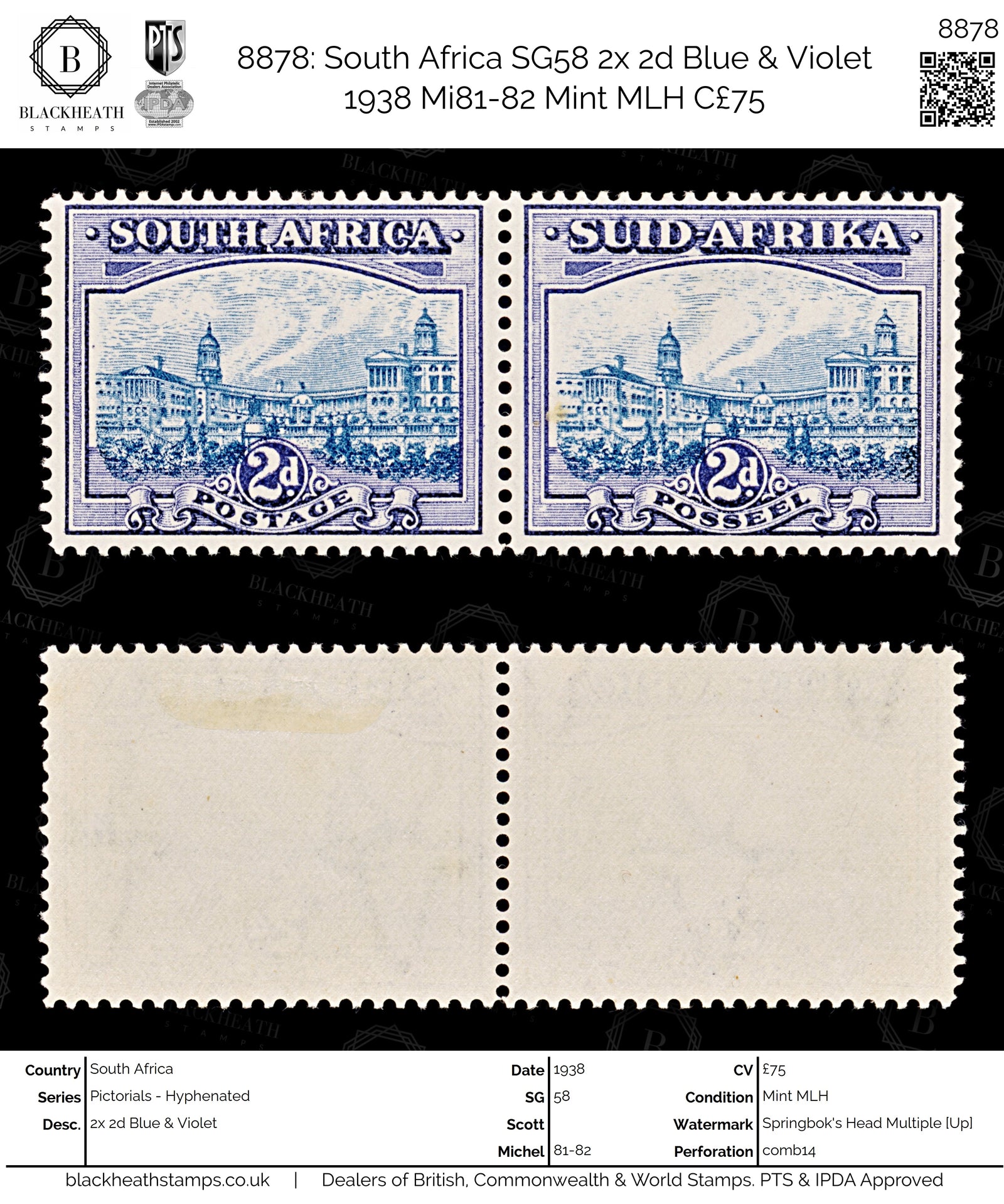 8878: South Africa SG58 2x 2d Blue & Violet 1938 Mi81-82 Mint MLH C£75