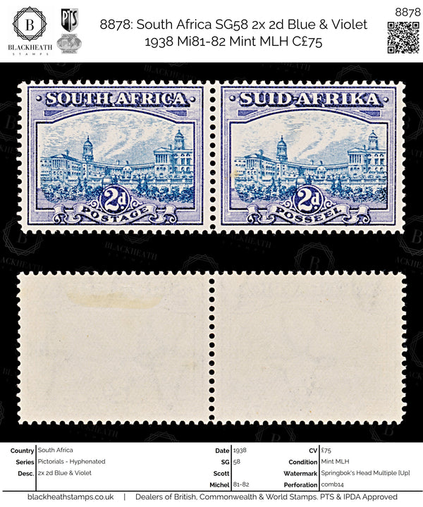 8878: South Africa SG58 2x 2d Blue & Violet 1938 Mi81-82 Mint MLH C£75
