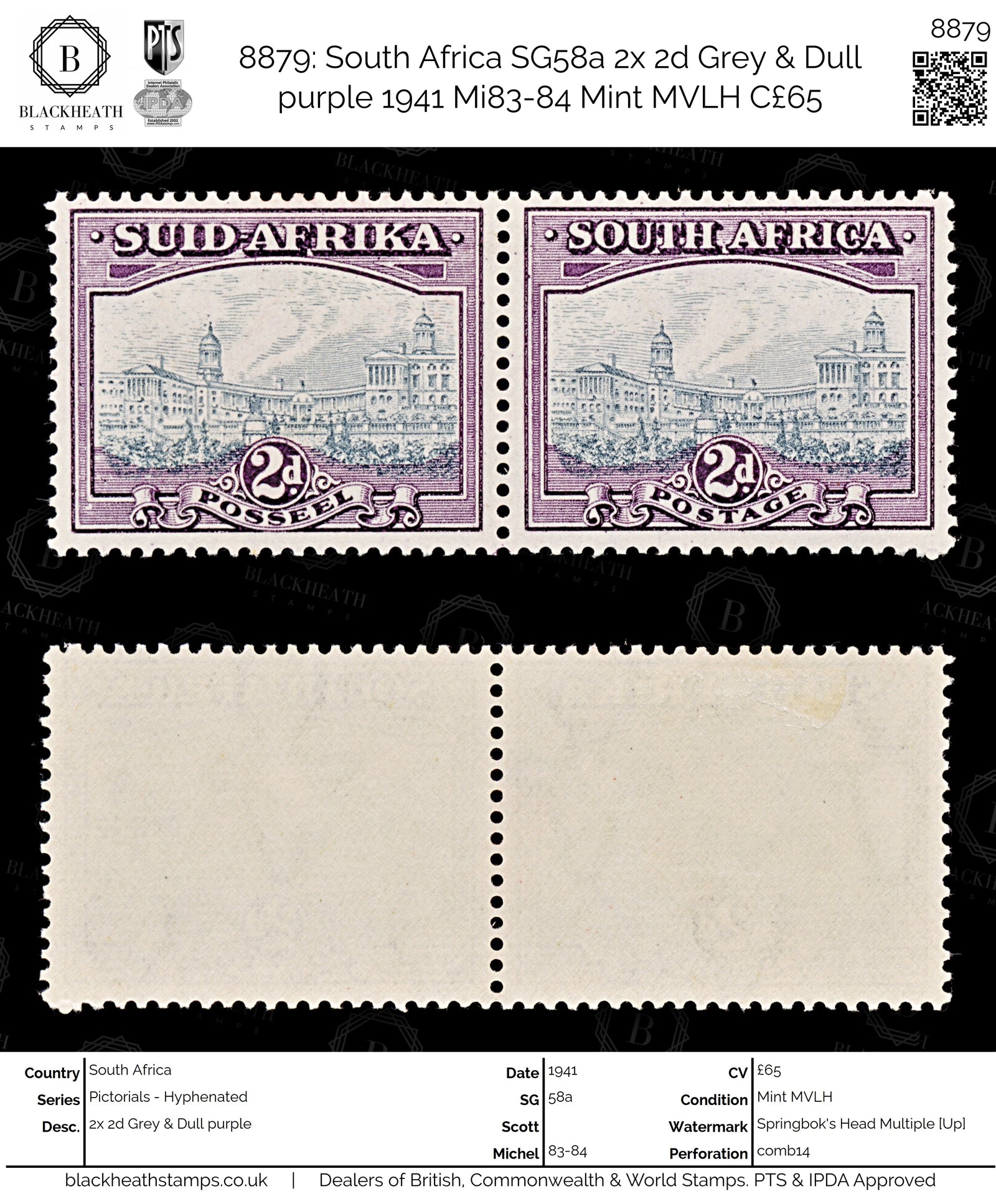 8879: South Africa SG58a 2x 2d Grey & Dull purple 1941 Mi83-84 Mint MVLH C£65