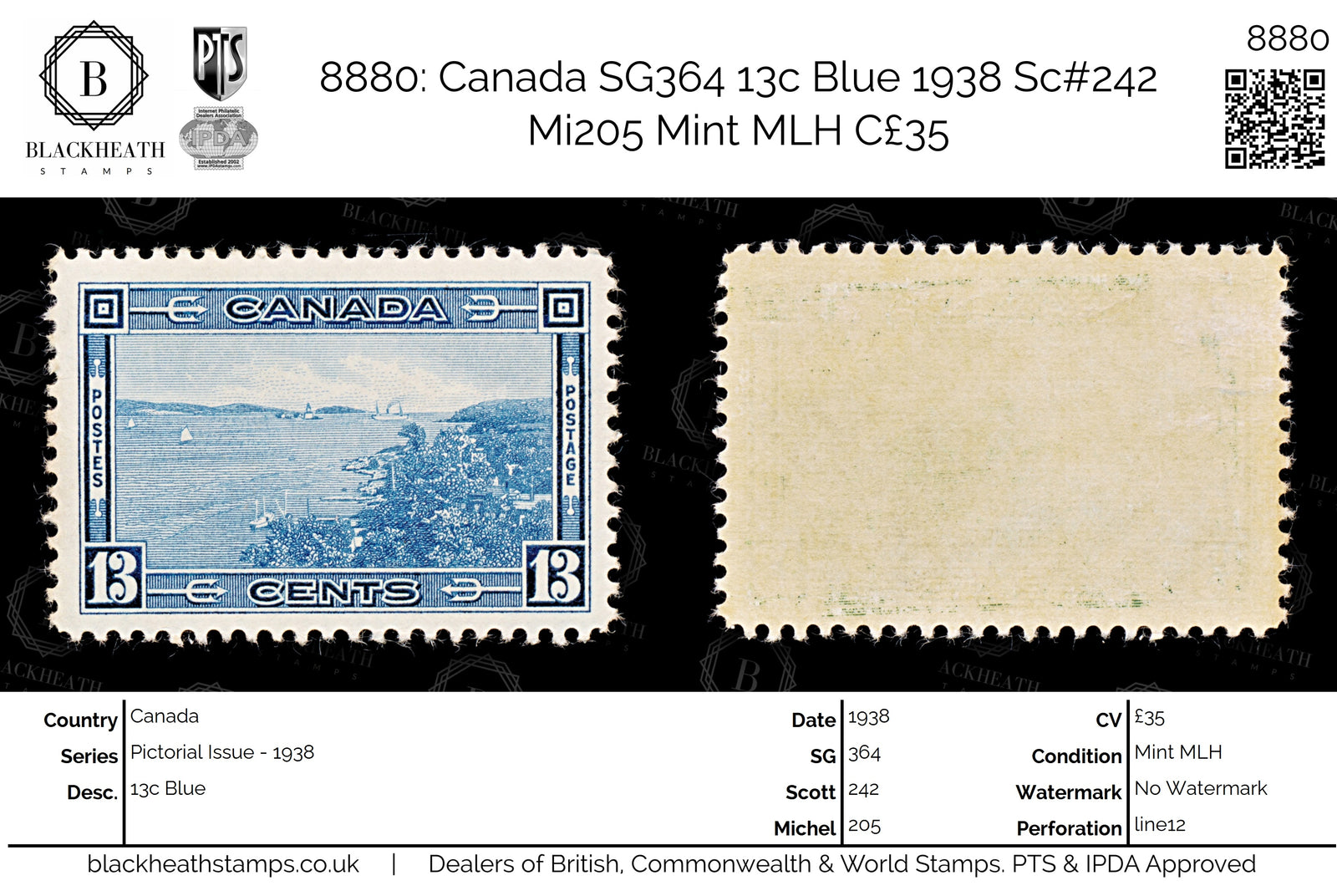 8880: Canada SG364 13c Blue 1938 Sc#242 Mi205 Mint MLH C£35