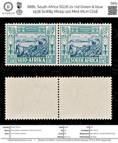 8881: South Africa SG76 2x ½d Green & blue 1938 Sc#B5 Mi119-120 Mint MLH C£18, view 1
