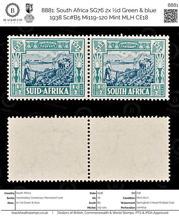 8881: South Africa SG76 2x ½d Green & blue 1938 Sc#B5 Mi119-120 Mint MLH C£18