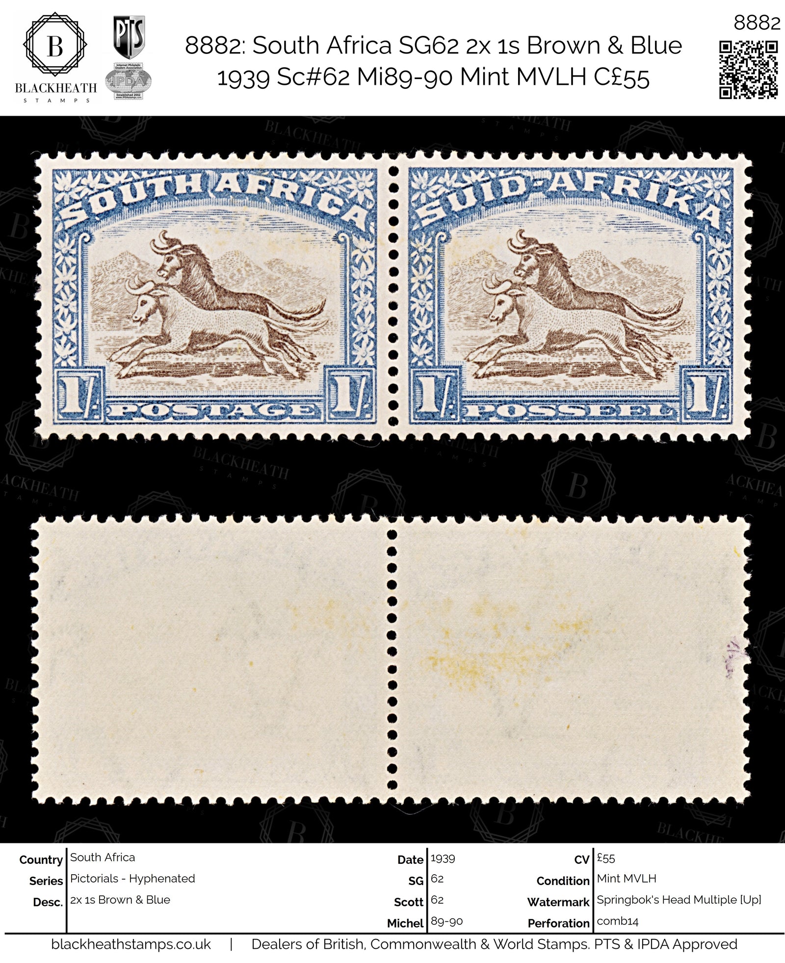 8882: South Africa SG62 2x 1s Brown & Blue 1939 Sc#62 Mi89-90 Mint MVLH C£55