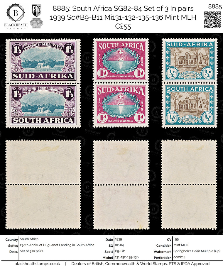 8885: South Africa SG82-84 Set of 3 In pairs 1939 Sc#B9-B11 Mi131-132-135-136 Mint MLH C£55, image 1