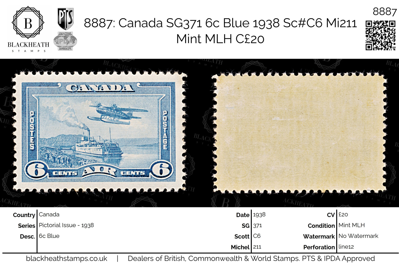 8887: Canada SG371 6c Blue 1938 Sc#C6 Mi211 Mint MLH C£20
