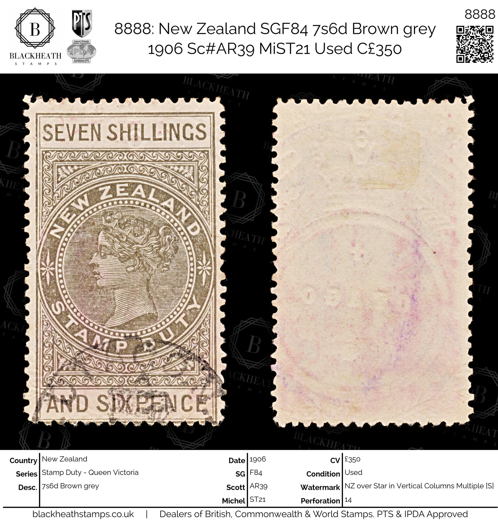 8888: New Zealand SGF84 7s6d Brown grey 1906 Sc#AR39 MiST21 Used C£350