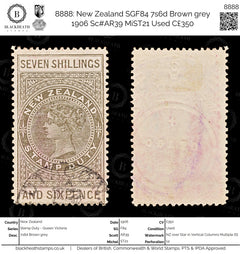 8888: New Zealand SGF84 7s6d Brown grey 1906 Sc#AR39 MiST21 Used C£350, view 1