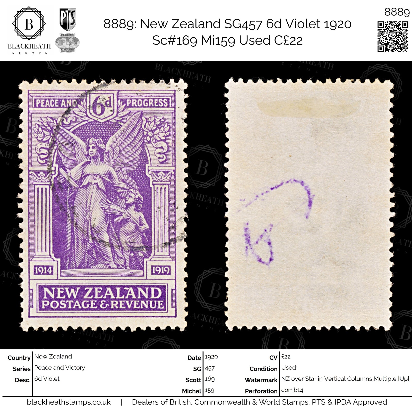 8889: New Zealand SG457 6d Violet 1920 Sc#169 Mi159 Used C£22