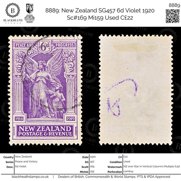 8889: New Zealand SG457 6d Violet 1920 Sc#169 Mi159 Used C£22