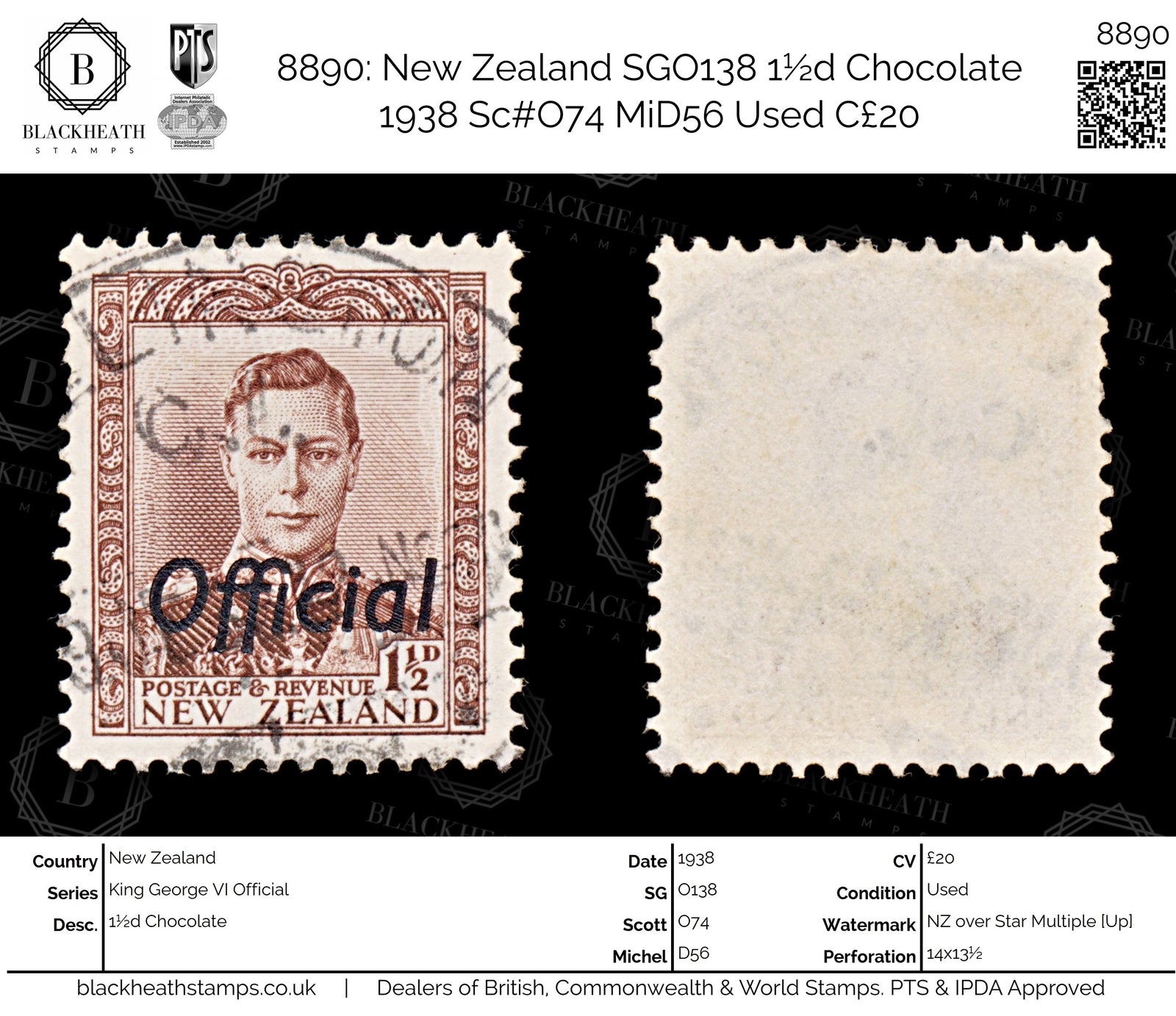 8890: New Zealand SGO138 1½d Chocolate 1938 Sc#O74 MiD56 Used C£20