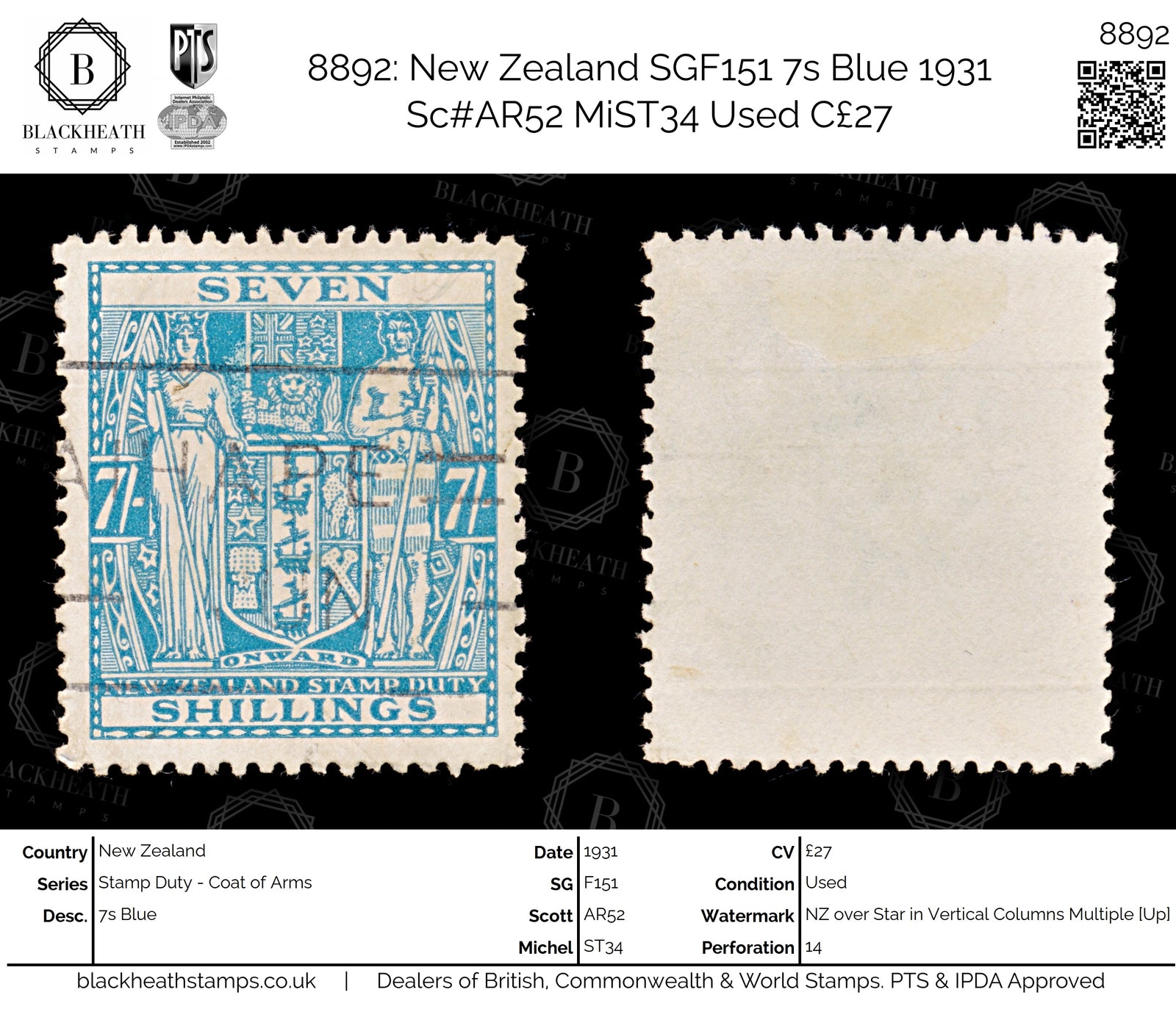 8892: New Zealand SGF151 7s Blue 1931 Sc#AR52 MiST34 Used C£27