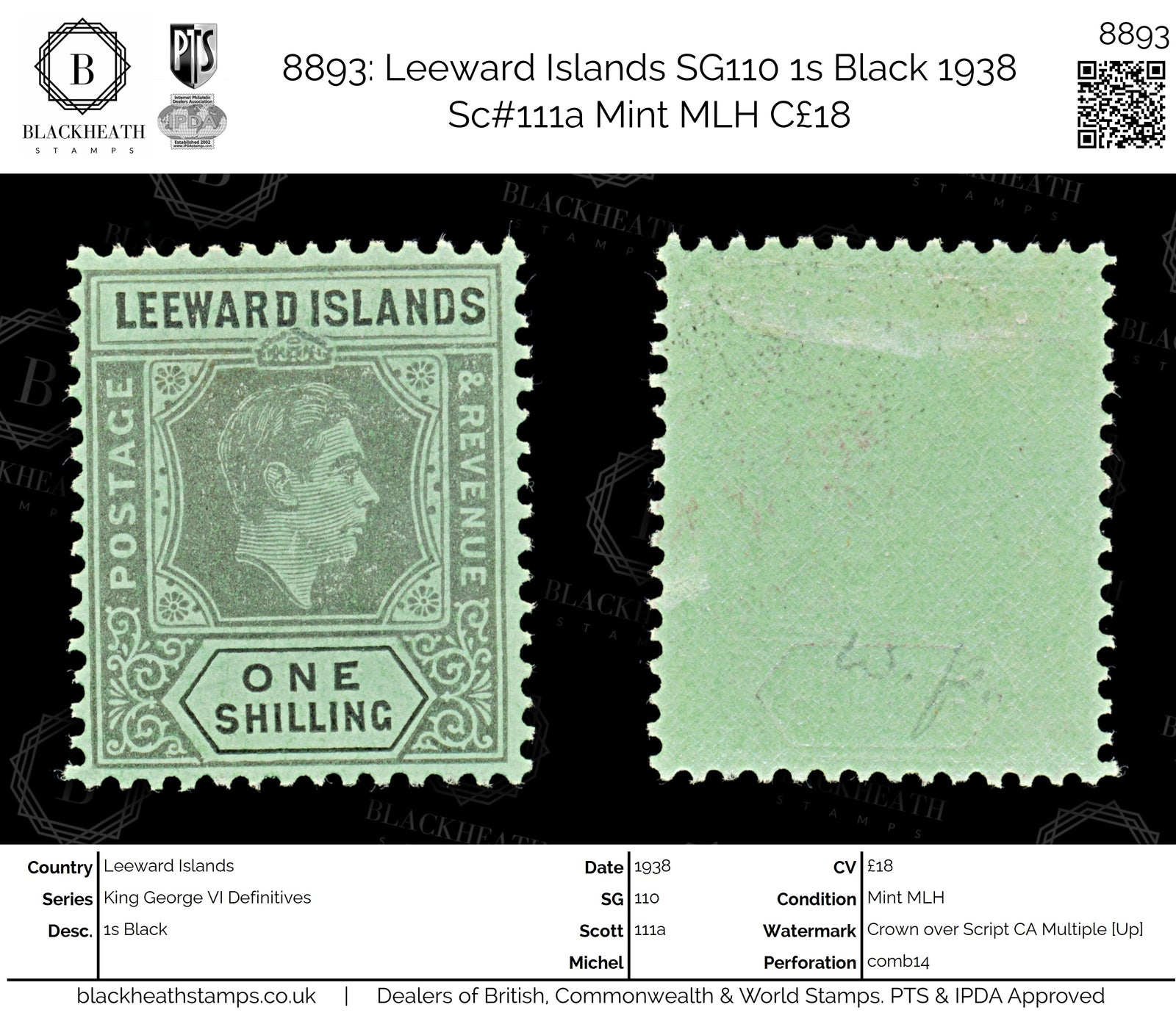 8893: Leeward Islands SG110 1s Black 1938 Sc#111a Mint MLH C£18