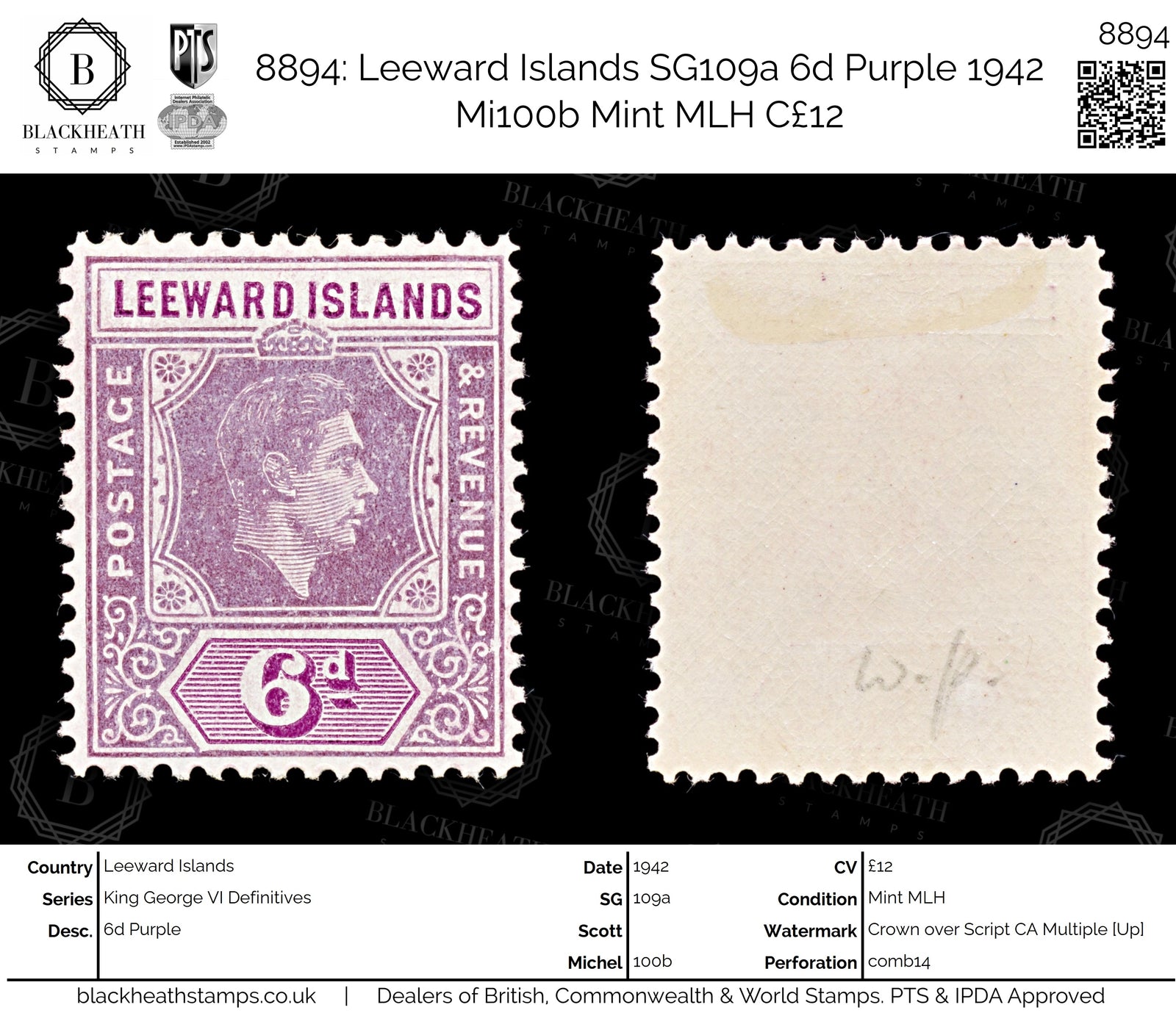 8894: Leeward Islands SG109a 6d Purple 1942 Mi100b Mint MLH C£12