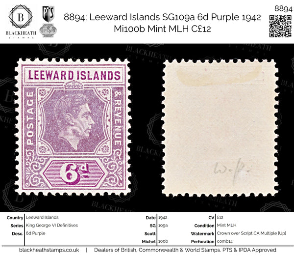 8894: Leeward Islands SG109a 6d Purple 1942 Mi100b Mint MLH C£12