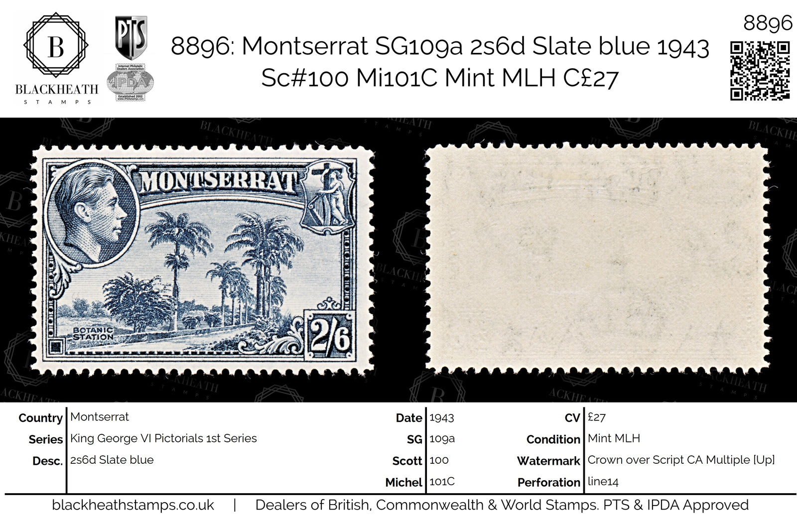 8896: Montserrat SG109a 2s6d Slate blue 1943 Sc#100 Mi101C Mint MLH C£27