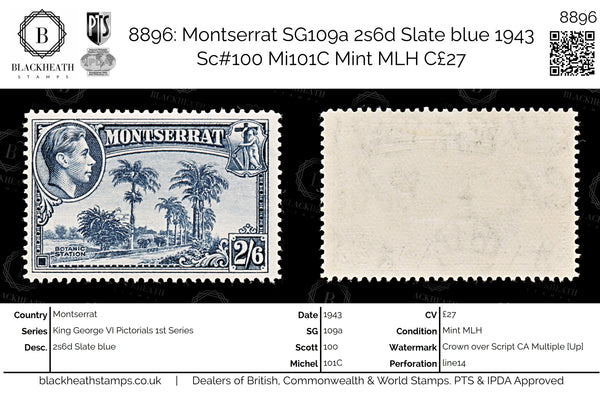 8896: Montserrat SG109a 2s6d Slate blue 1943 Sc#100 Mi101C Mint MLH C£27