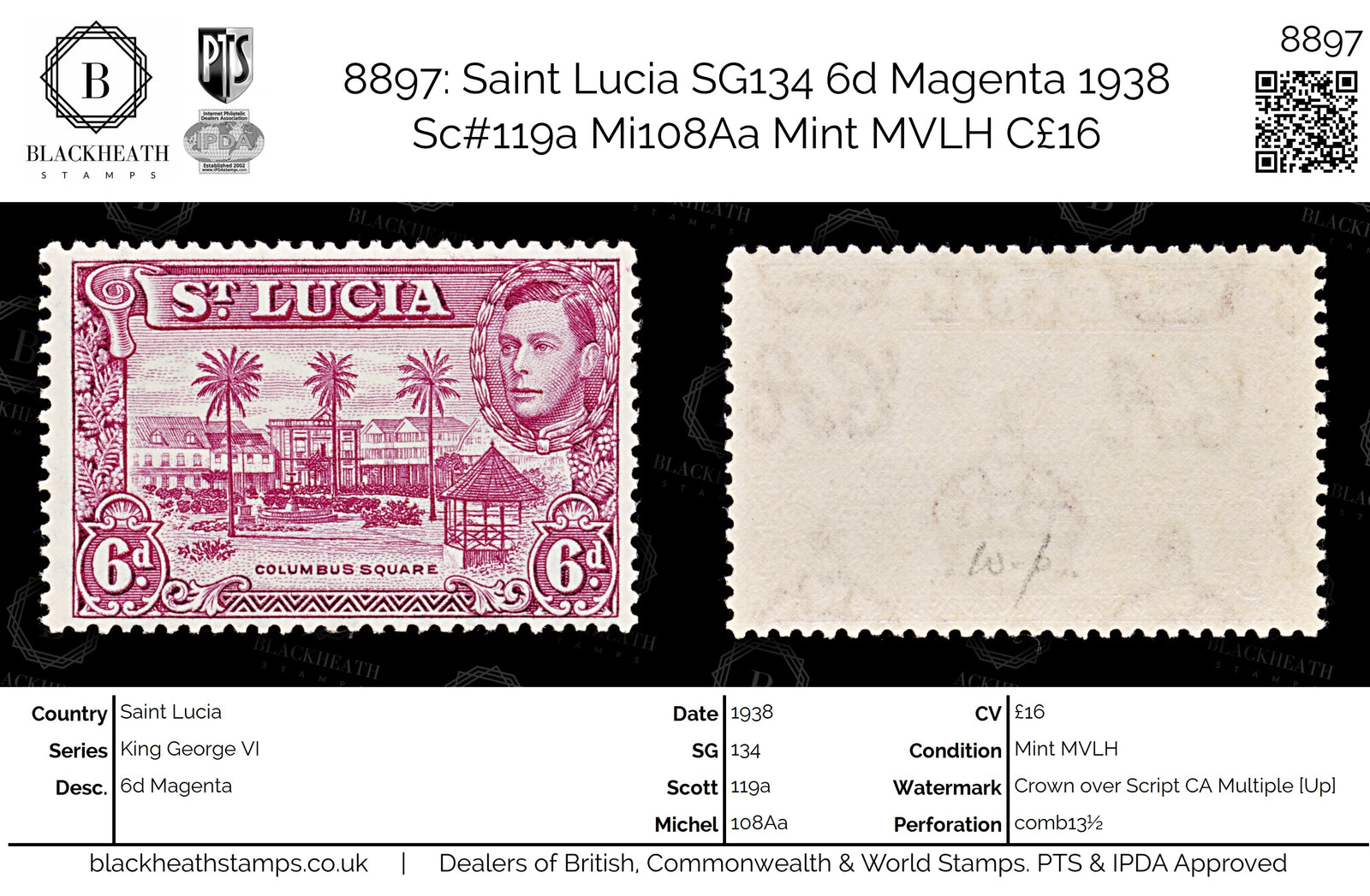 8897: Saint Lucia SG134 6d Magenta 1938 Sc#119a Mi108Aa Mint MVLH C£16