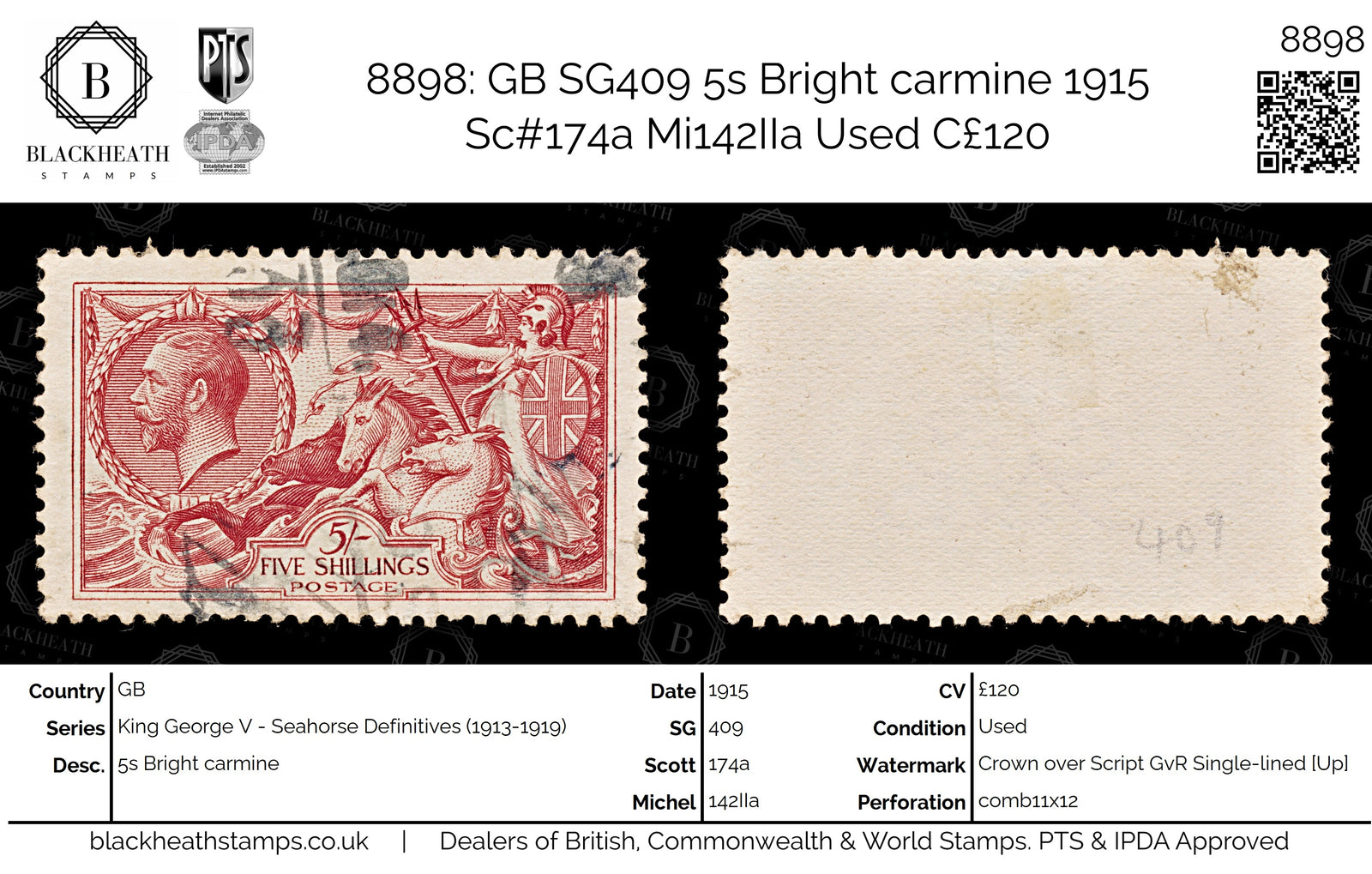 8898: GB SG409 5s Bright carmine 1915 Sc#174a Mi142IIa Used C£120
