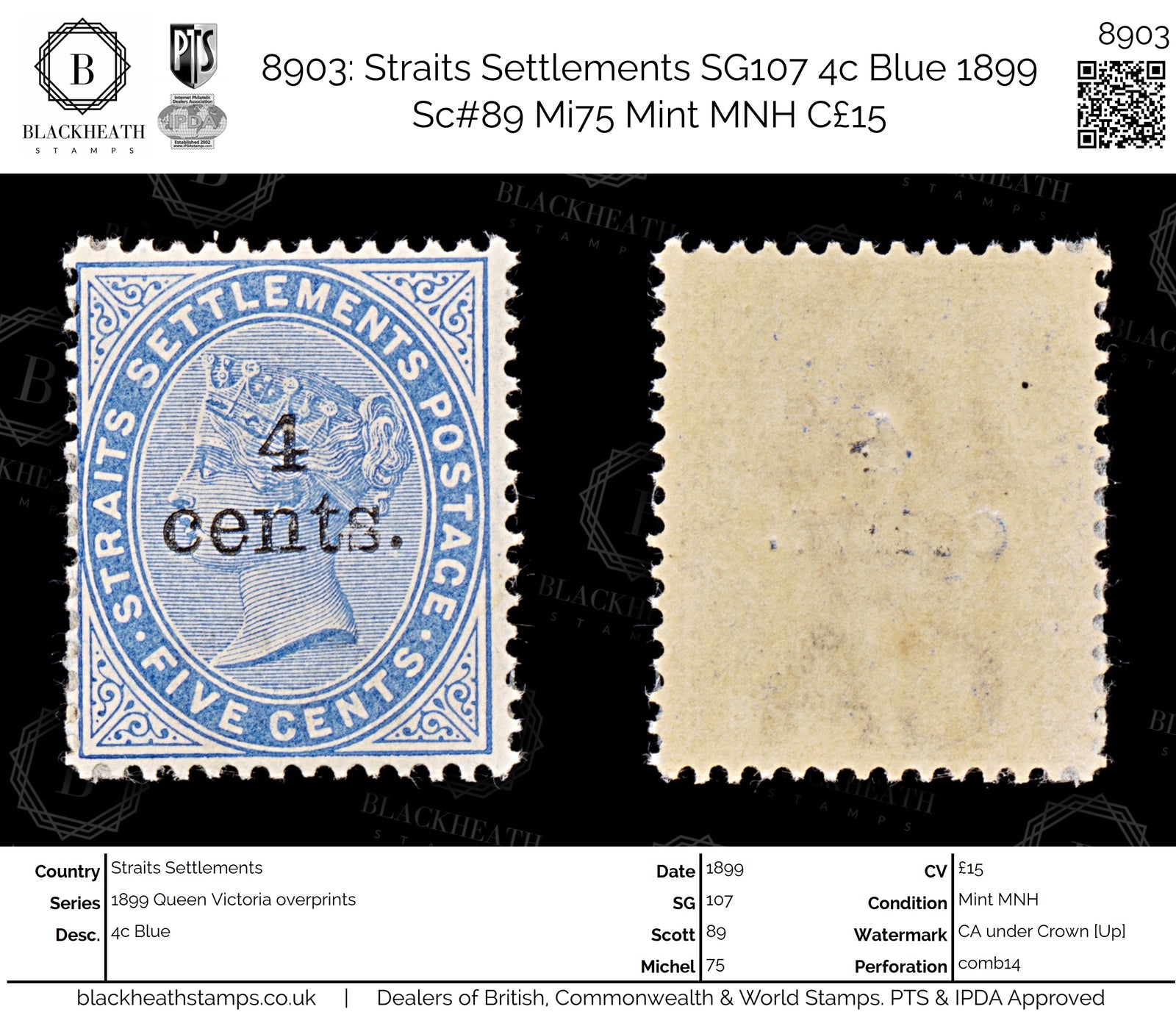 8903: Straits Settlements SG107 4c Blue 1899 Sc#89 Mi75 Mint MNH C£15