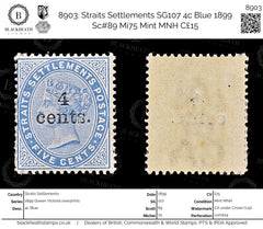 8903: Straits Settlements SG107 4c Blue 1899 Sc#89 Mi75 Mint MNH C£15, view 1
