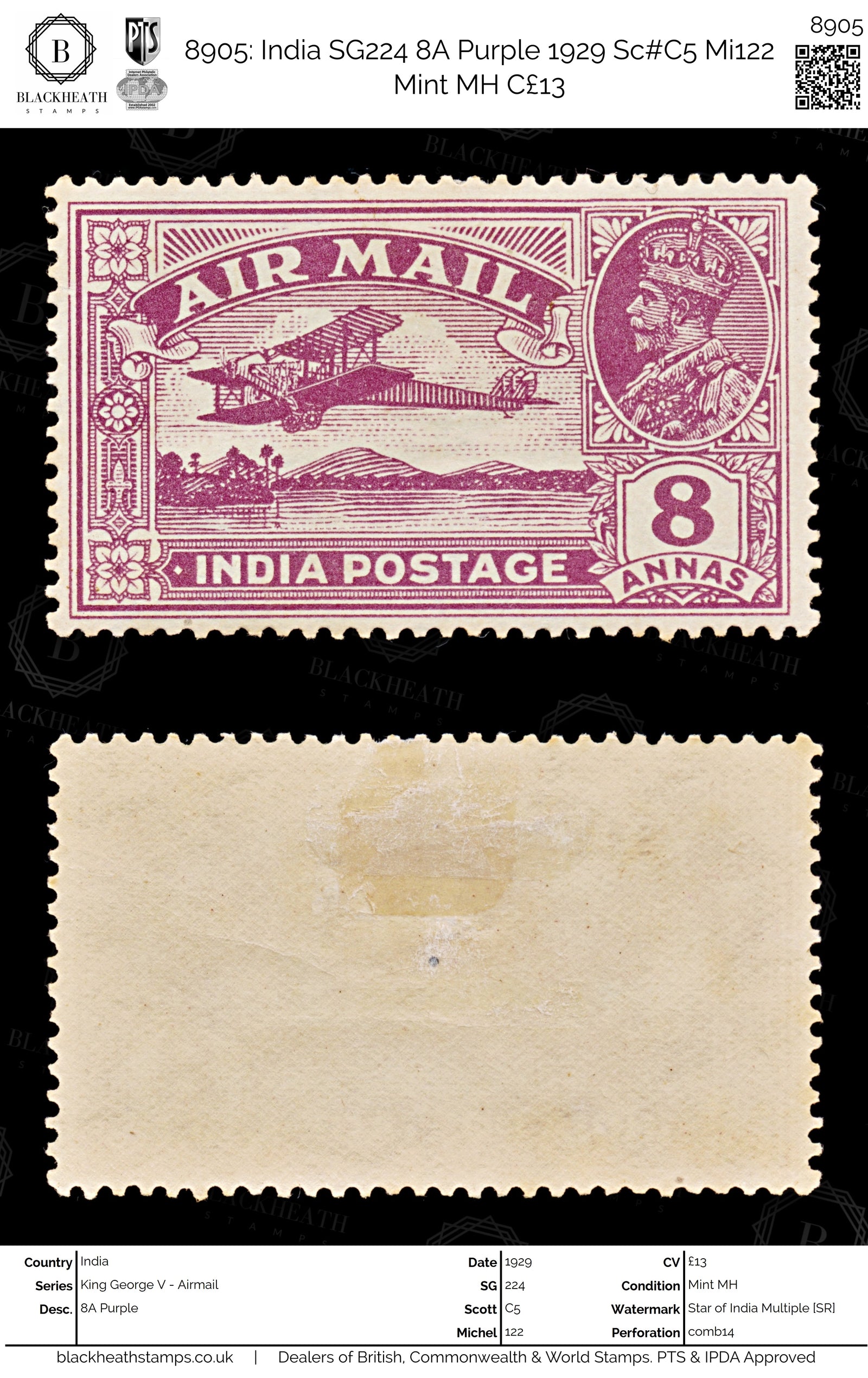 8905: India SG224 8A Purple 1929 Sc#C5 Mi122 Mint MH C£13