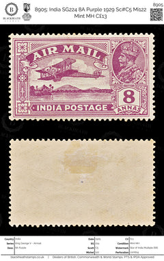 8905: India SG224 8A Purple 1929 Sc#C5 Mi122 Mint MH C£13, view 1