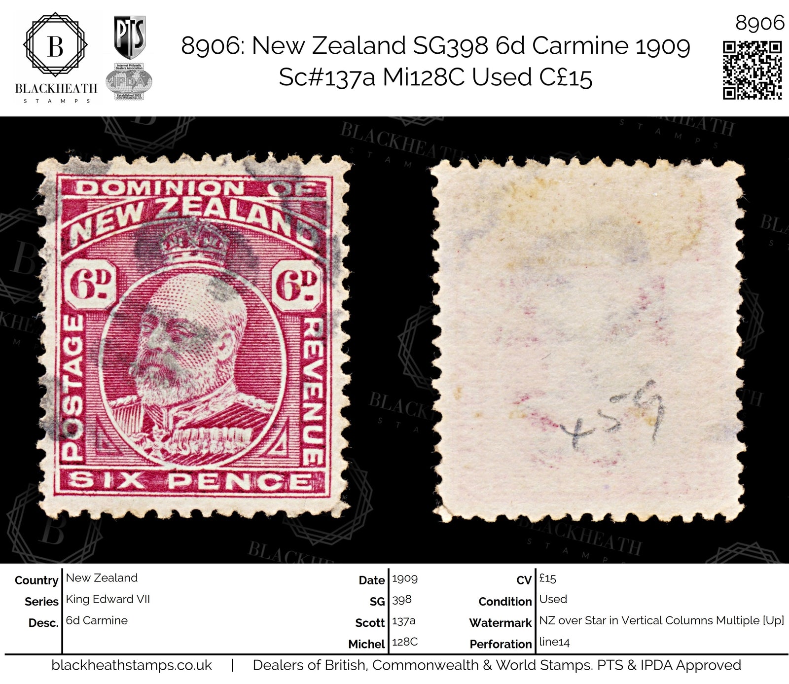 8906: New Zealand SG398 6d Carmine 1909 Sc#137a Mi128C Used C£15