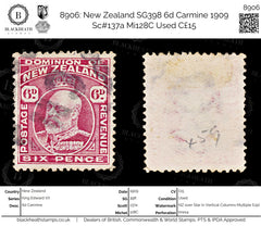 8906: New Zealand SG398 6d Carmine 1909 Sc#137a Mi128C Used C£15, view 1