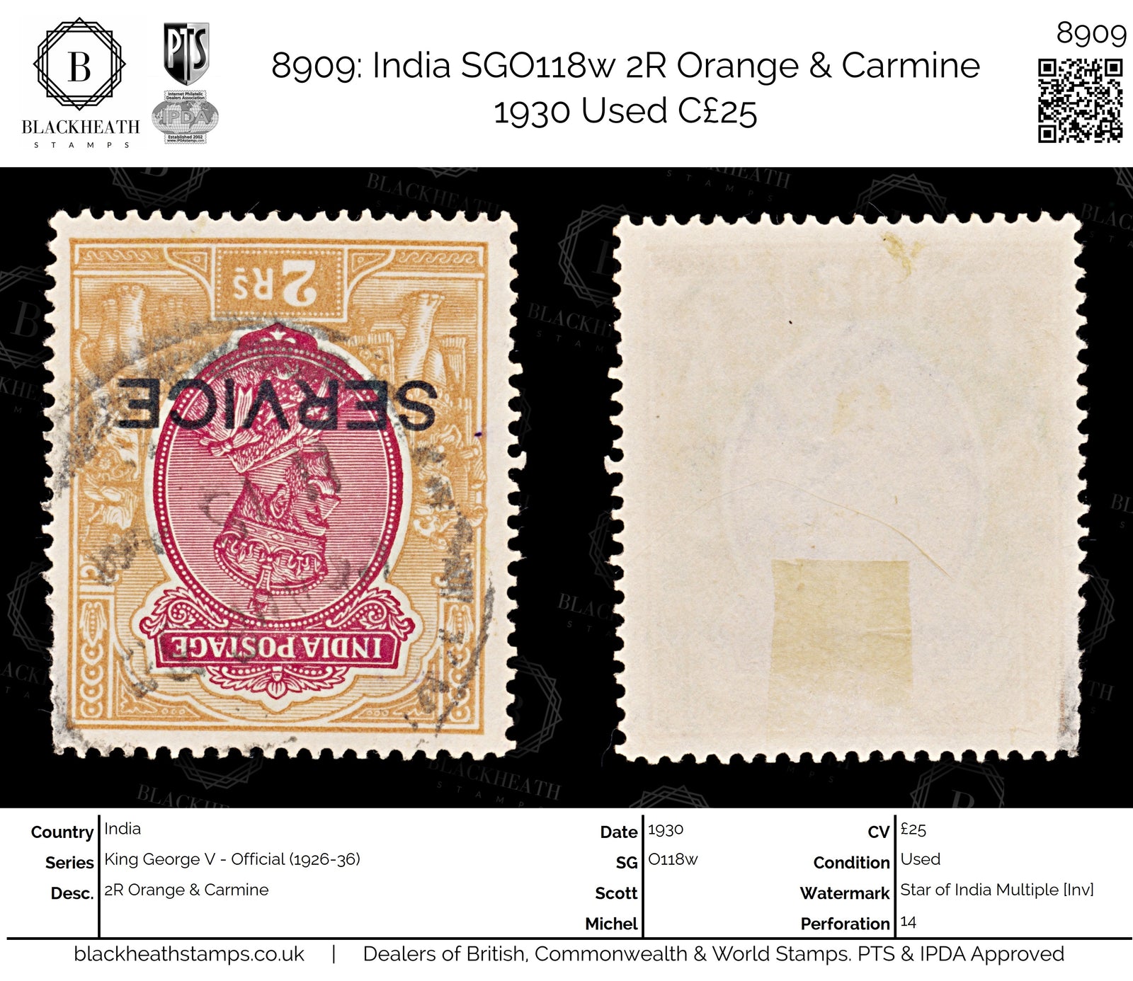 8909: India SGO118w 2R Orange & Carmine 1930 Used C£25