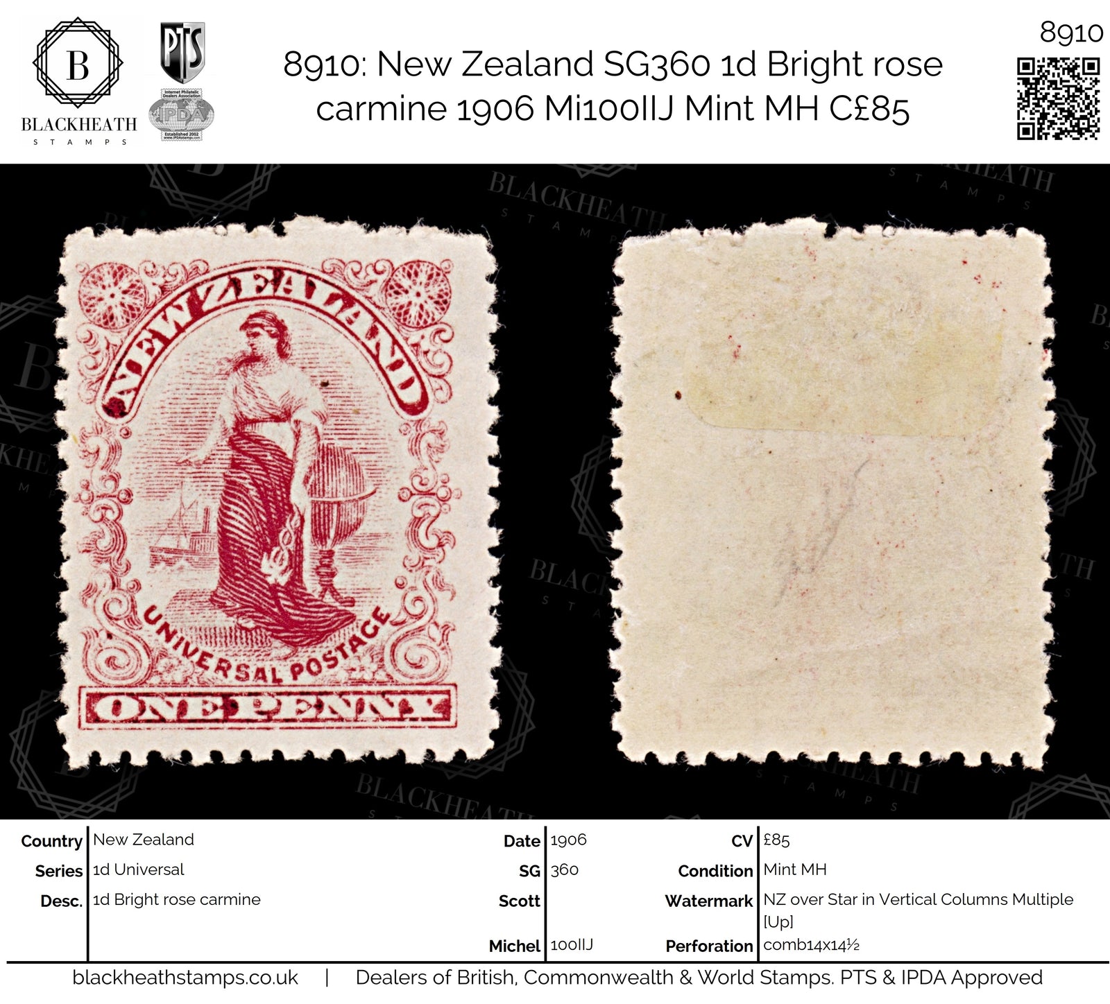 8910: New Zealand SG360 1d Bright rose carmine 1906 Mi100IIJ Mint MH C£85