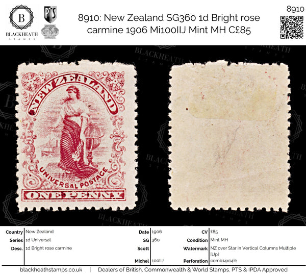 8910: New Zealand SG360 1d Bright rose carmine 1906 Mi100IIJ Mint MH C£85