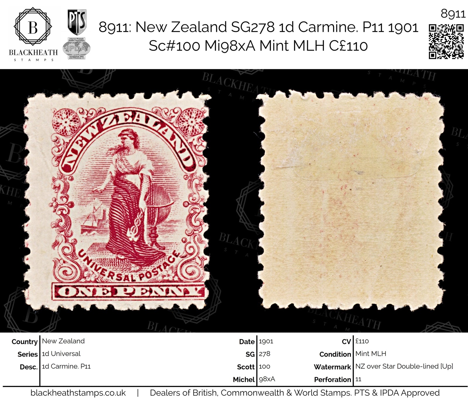 8911: New Zealand SG278 1d Carmine. P11 1901 Sc#100 Mi98xA Mint MLH C£110