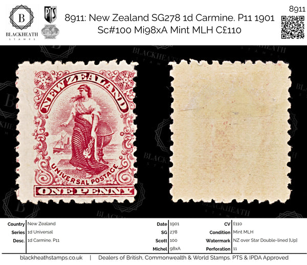 8911: New Zealand SG278 1d Carmine. P11 1901 Sc#100 Mi98xA Mint MLH C£110