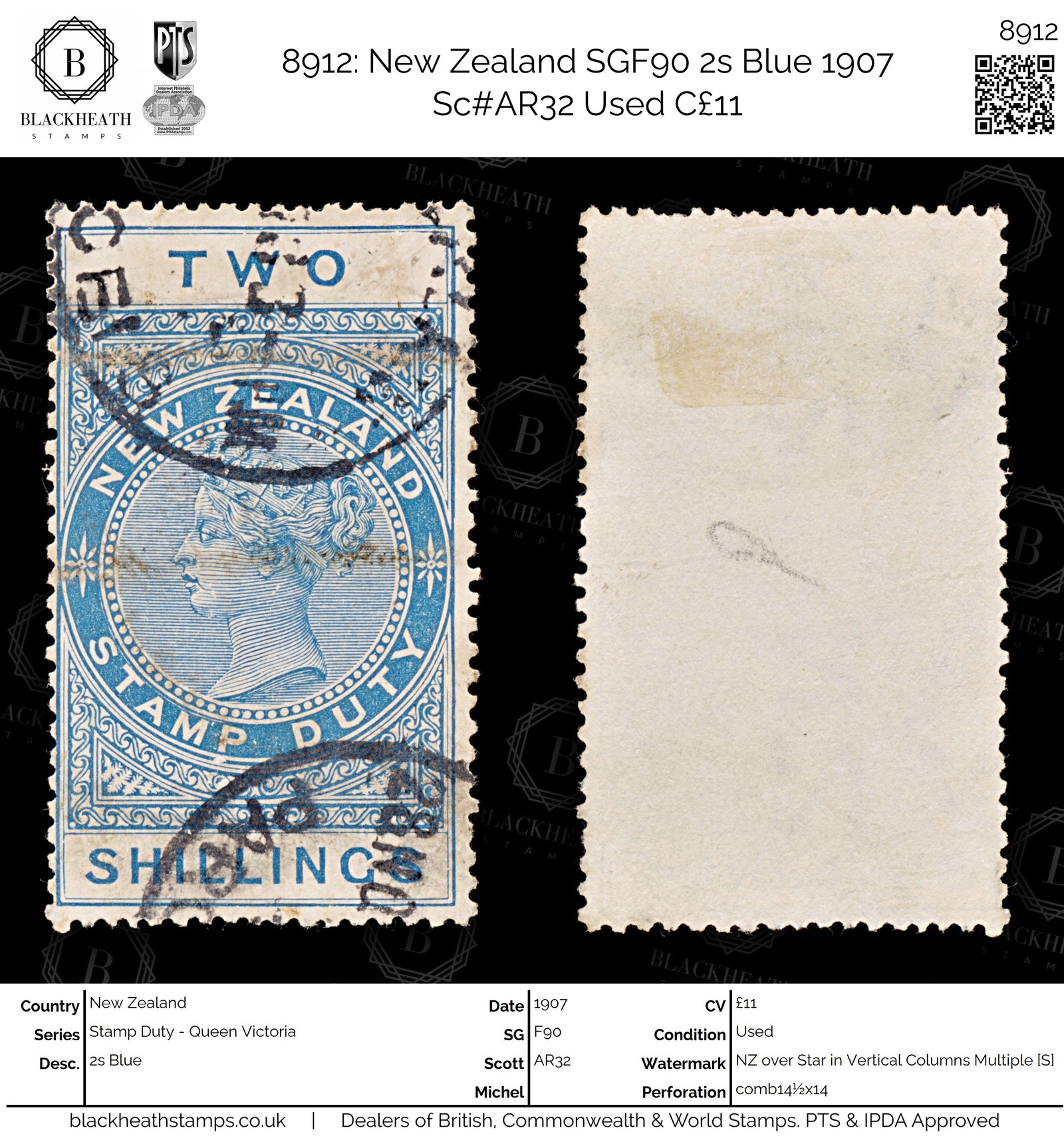 8912: New Zealand SGF90 2s Blue 1907 Sc#AR32 Used C£11