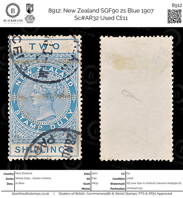 8912: New Zealand SGF90 2s Blue 1907 Sc#AR32 Used C£11