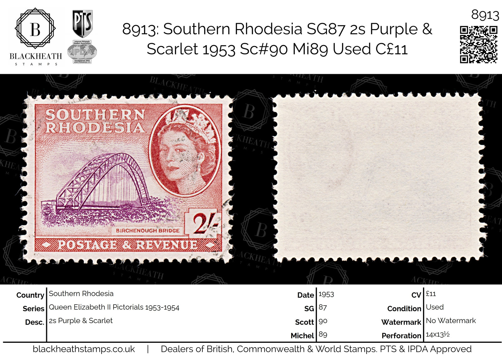 8913: Southern Rhodesia SG87 2s Purple & Scarlet 1953 Sc#90 Mi89 Used C£11