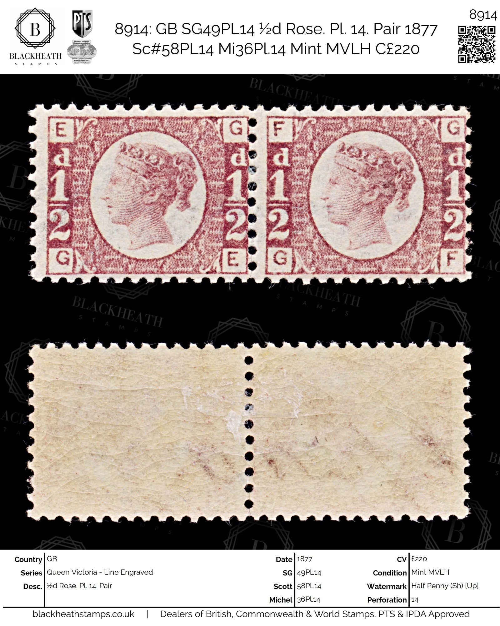 8914: GB SG49PL14 ½d Rose. Pl. 14. Pair 1877 Sc#58PL14 Mi36Pl.14 Mint MVLH C£220
