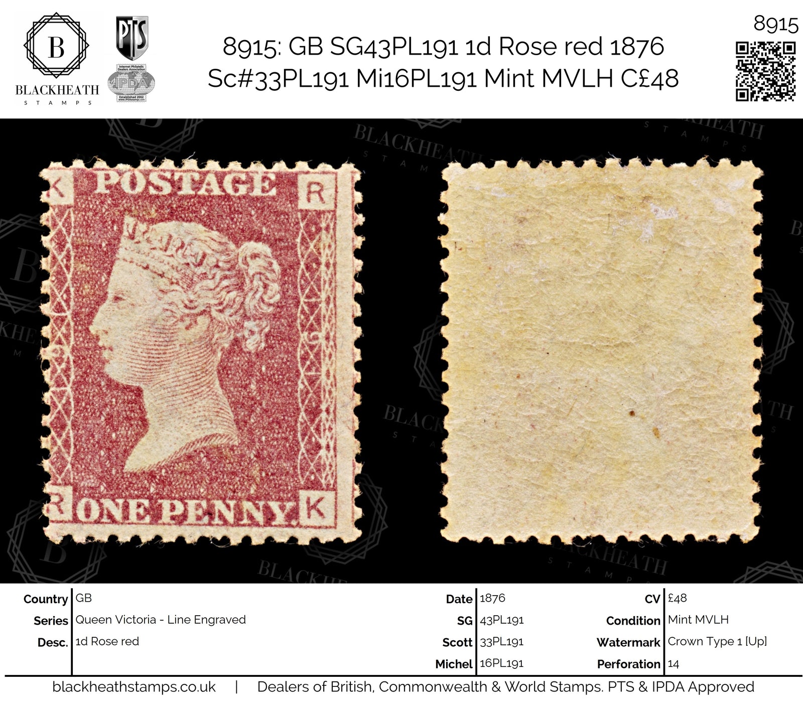 8915: GB SG43PL191 1d Rose red 1876 Sc#33PL191 Mi16PL191 Mint MVLH C£48