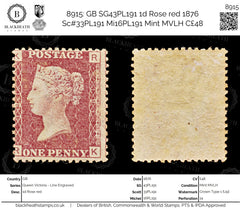 8915: GB SG43PL191 1d Rose red 1876 Sc#33PL191 Mi16PL191 Mint MVLH C£48, view 1