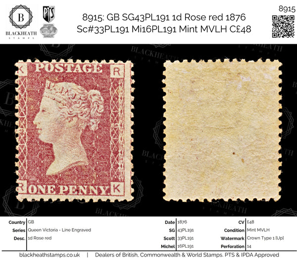 8915: GB SG43PL191 1d Rose red 1876 Sc#33PL191 Mi16PL191 Mint MVLH C£48